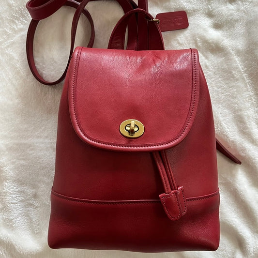 VTG Coach 9960 Red Leather Turnlock Drawstring Backpack – No Extra Fees US Only